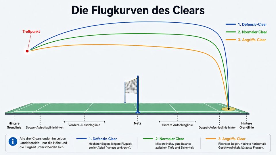 Drei Flugkurven über einem Badmintonfeld im Vergleich: der hohe blaue Defensiv-Clear, der mittlere grüne Clear und der flache orange Angriffs-Clear – alle drei landen im selben Bereich an der hinteren Grundlinie