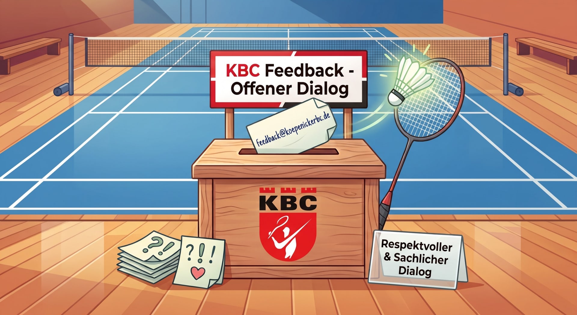 Illustrierter Feedback-Kummerkasten des KBC mit einem Briefumschlag an feedback@koepenickerbc.de