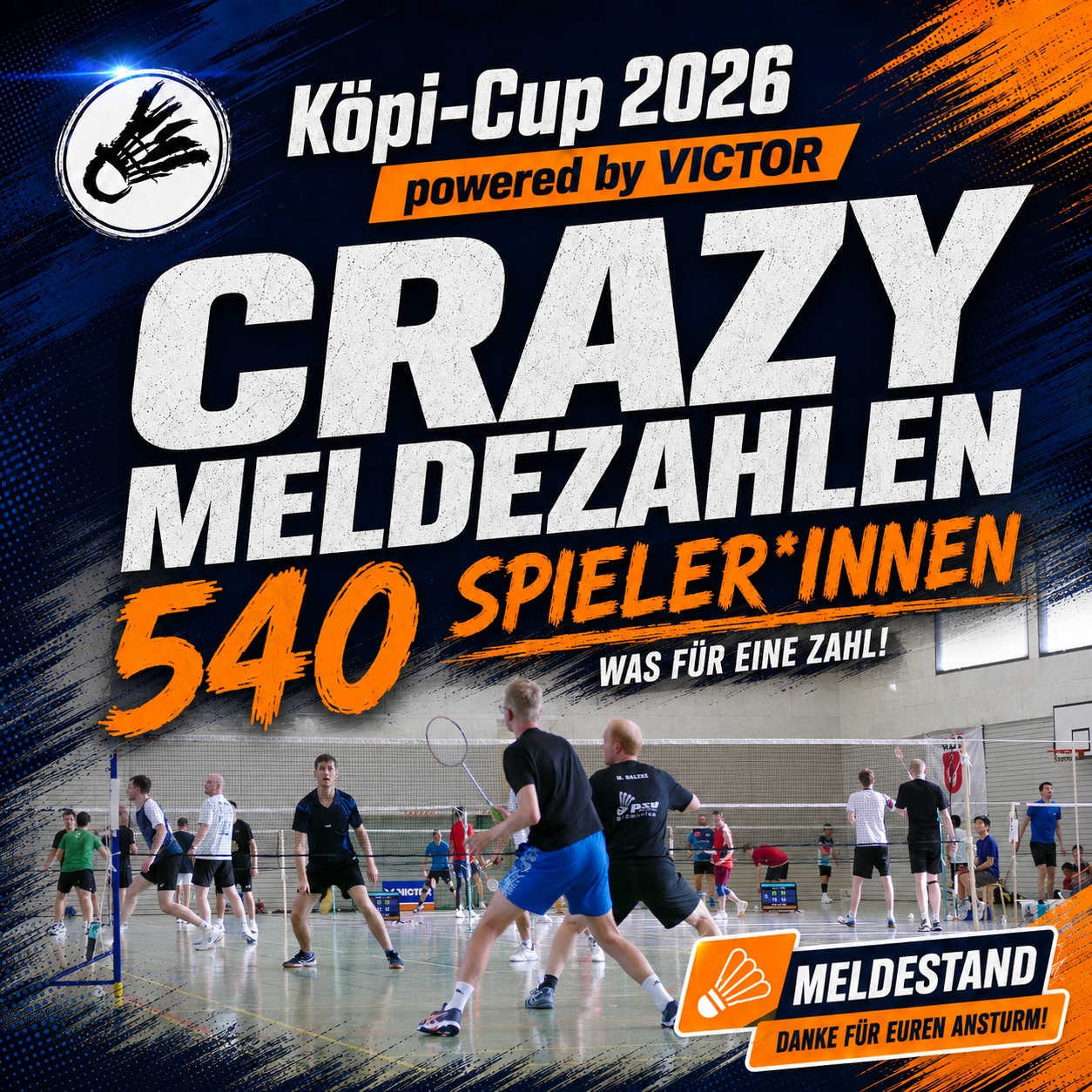 Köpi-Cup 2026: 540 Meldungen, Einzel voll — Doppel und Mixed noch offen